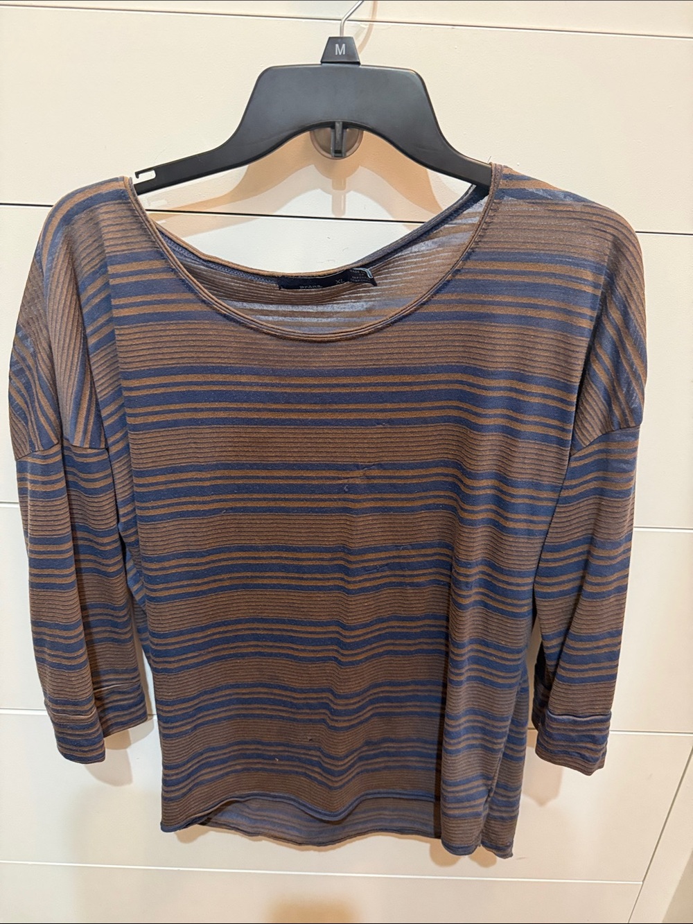 Prana Brown and Blue Striped Long Sleeve Scoop Neck Top